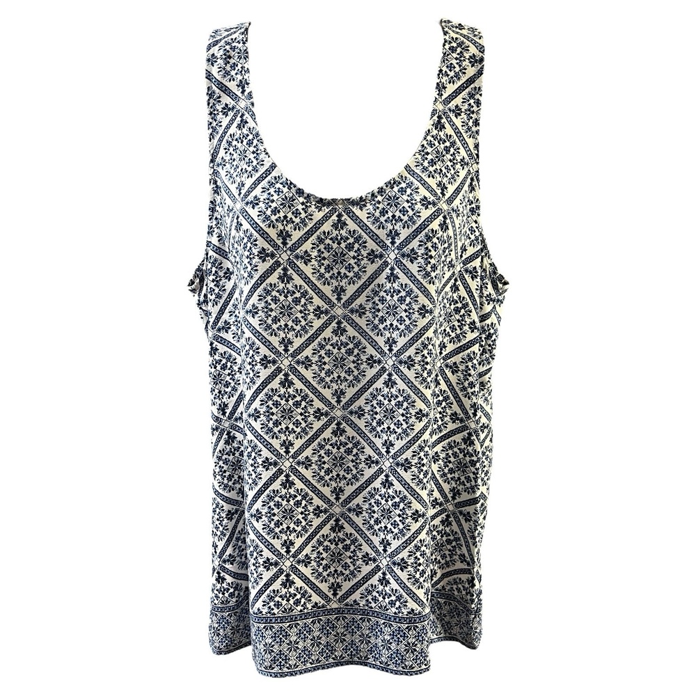 Josie Tank Top Size M Silk  Porcelain Blue White Geometric Hi-Lo Luxe Resort NEW - Picture 2 of 8